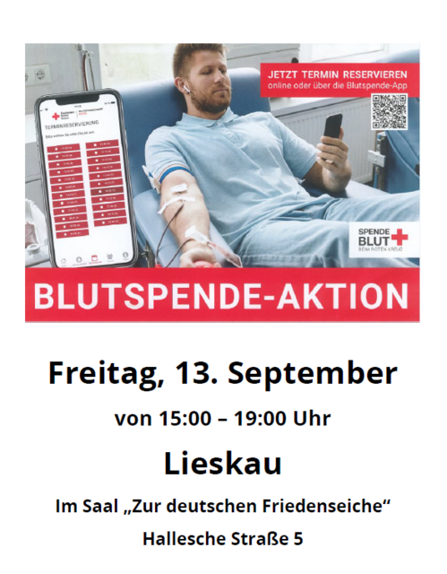 Plakat Blutspende in Lieskau am 13. September 2024